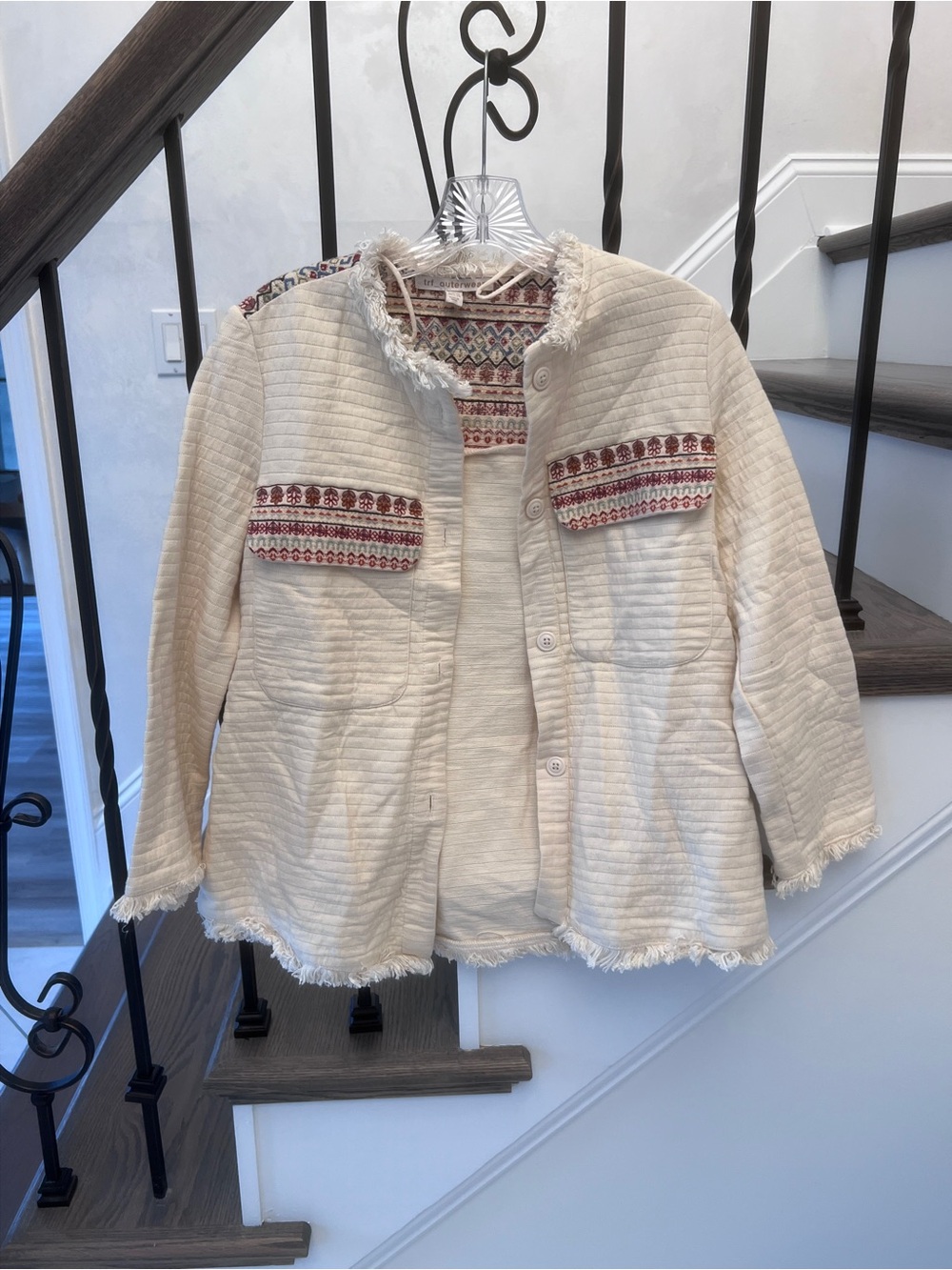ZARA TRF Embroidered Fringed Quilted Jacket Cream Boho Ethnic Geometric XS